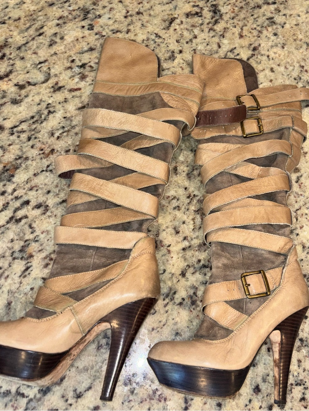 Dolce Vita Two-Tone Tan and Brown Strappy Knee Boots